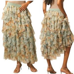 Anthropologie Cheri Midi Skirt in Green Floral Ruffle Tulle Sheer Mesh Sz Medium